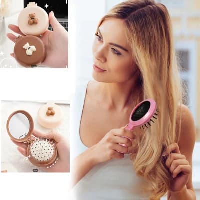 2-ইন-1 Folding Hair Brush with Mirror,Compact Travel Hair Brush, Portable Travel Brushes for Hair, Folding Hair Brush with Makeup Mirror, Round Hair Massage Comb for Women Girls