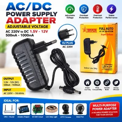 AC/DC পাওয়ার সাপ্লাই অ্যাডাপ্টার ২২০ ভোল্ট থেকে ১.৫-১২ ভোল্ট, ৫০০-১০০০ মিলিঅ্যাম্পিয়ার ইউনিভার্সাল চার্জার অ্যাডাপ্টার – EU প্লাগ (কালো)