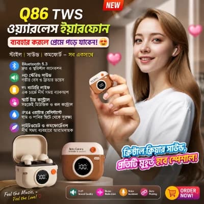 Q86 TWS ওয়্যারলেস ইয়ারফোন ব্লুটুথ হেডফোন স্পোর্ট স্টেরিও ফোন আইফোনের জন্য রেট্রো ক্যামেরা স্টাইলের ব্লুটুথ ইয়ারবাড