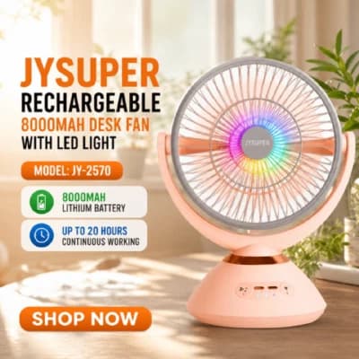 JYSUPER JY-2570 রিচার্জেবল ৮০০০mAh ডেস্ক ফ্যান, এলইডি লাইট সহ, রিচার্জেবল পোর্টেবল টেবিল ফ্যান