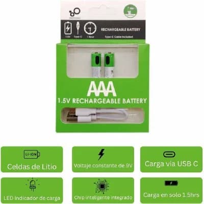 USB টাইপ-সি দিয়ে চার্জযোগ্য Li-ion AAA ব্যাটারি 1.5V (2 পিস সেট)