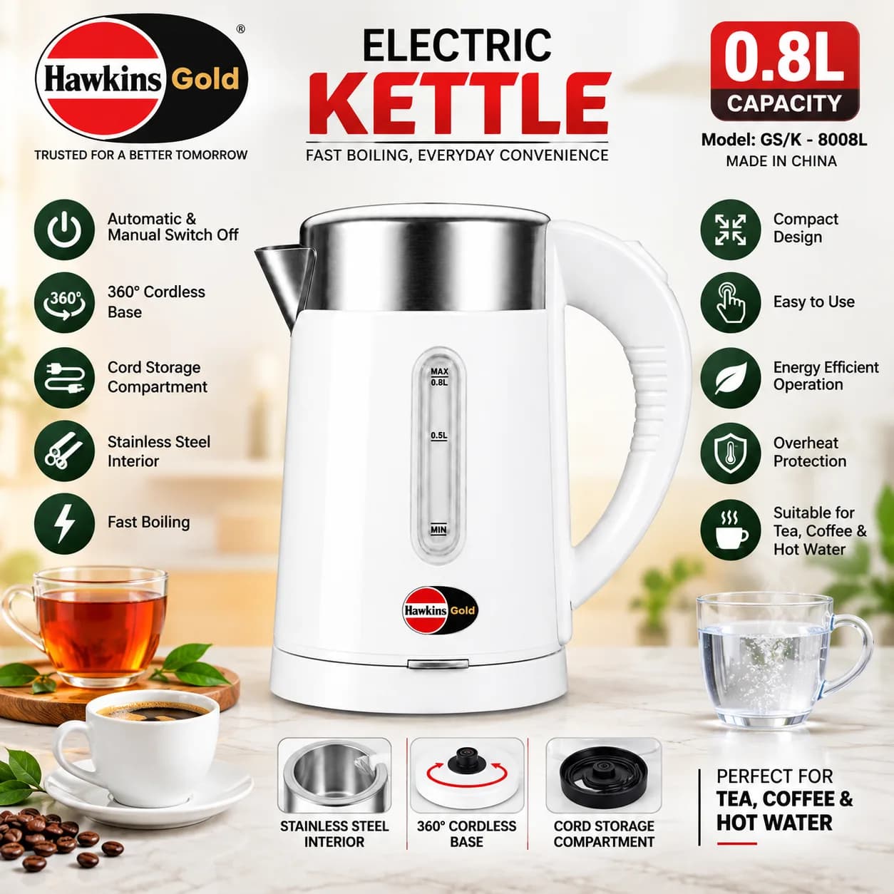 Hawkins Gold 0.8L electric kettle, Electric kettle of standard design, capacity 0.8L. With External Water level Indicator. & 800 watt